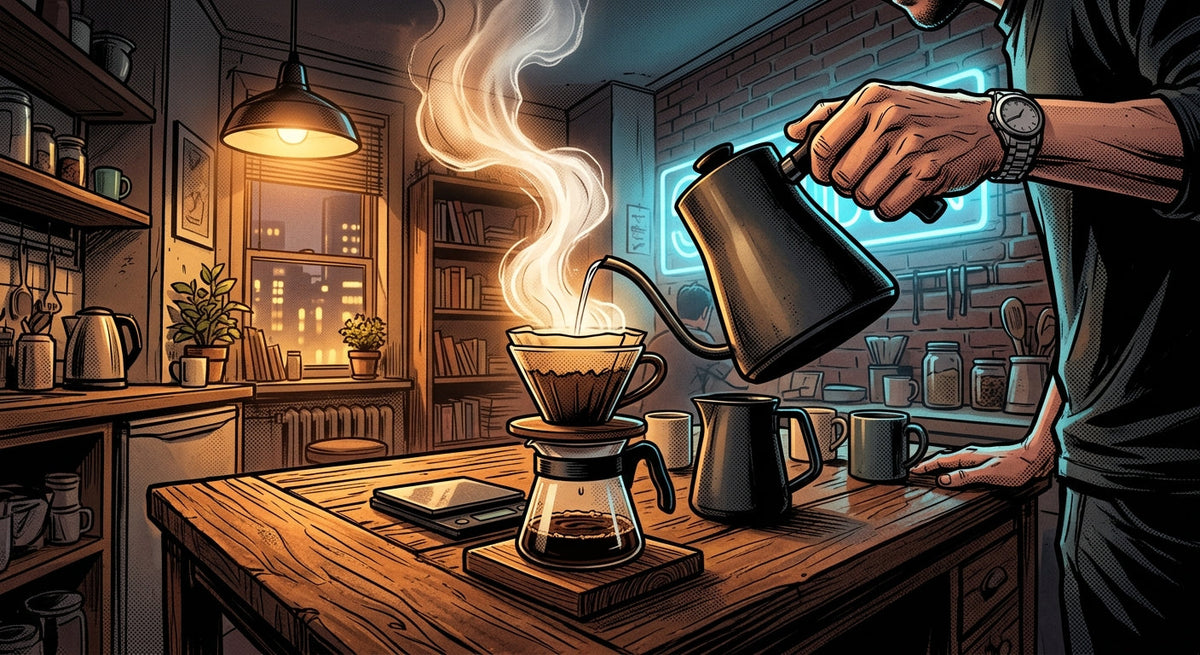 Person pouring from a gooseneck kettle over a pour-over dripper