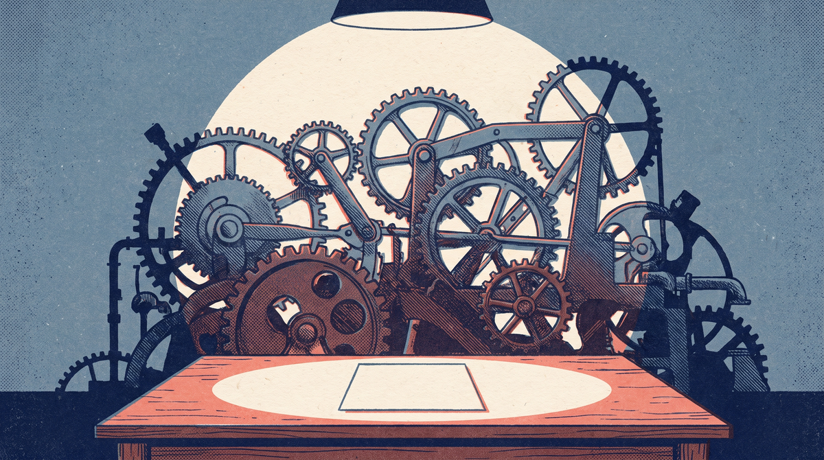A single sheet of paper casting the shadow of a vast machine of gears and flywheels
