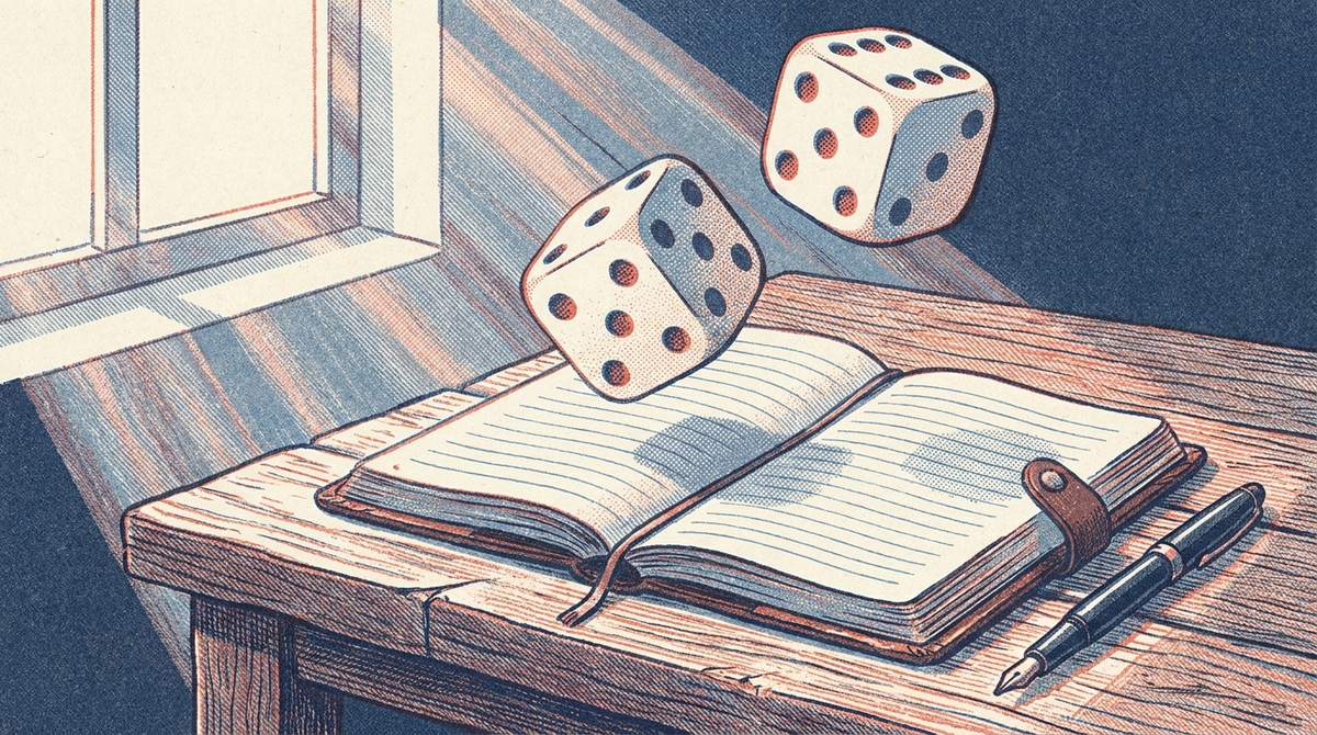 Pair of dice frozen mid-tumble over an open ledger and a fountain pen