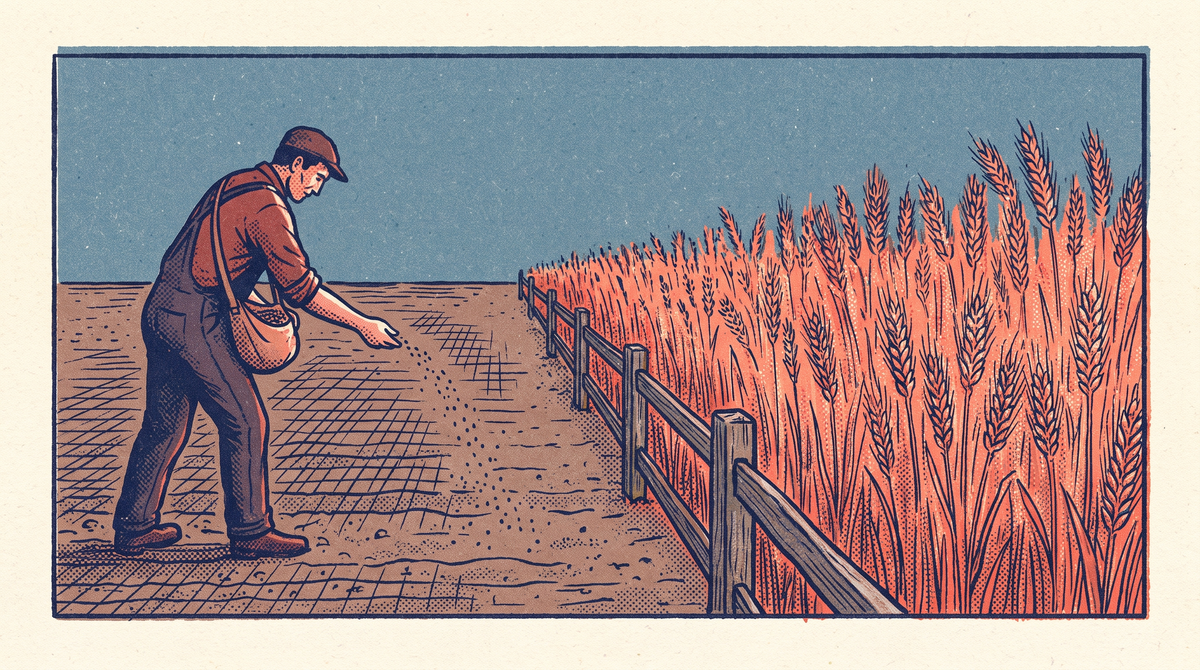 A farmer sowing seeds in a bare field beside a field in full golden harvest