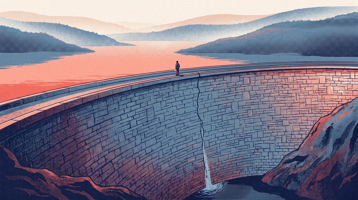 Lone figure on the walkway of a curved stone dam at dawn, a thin crack in the wall leaking water at its base