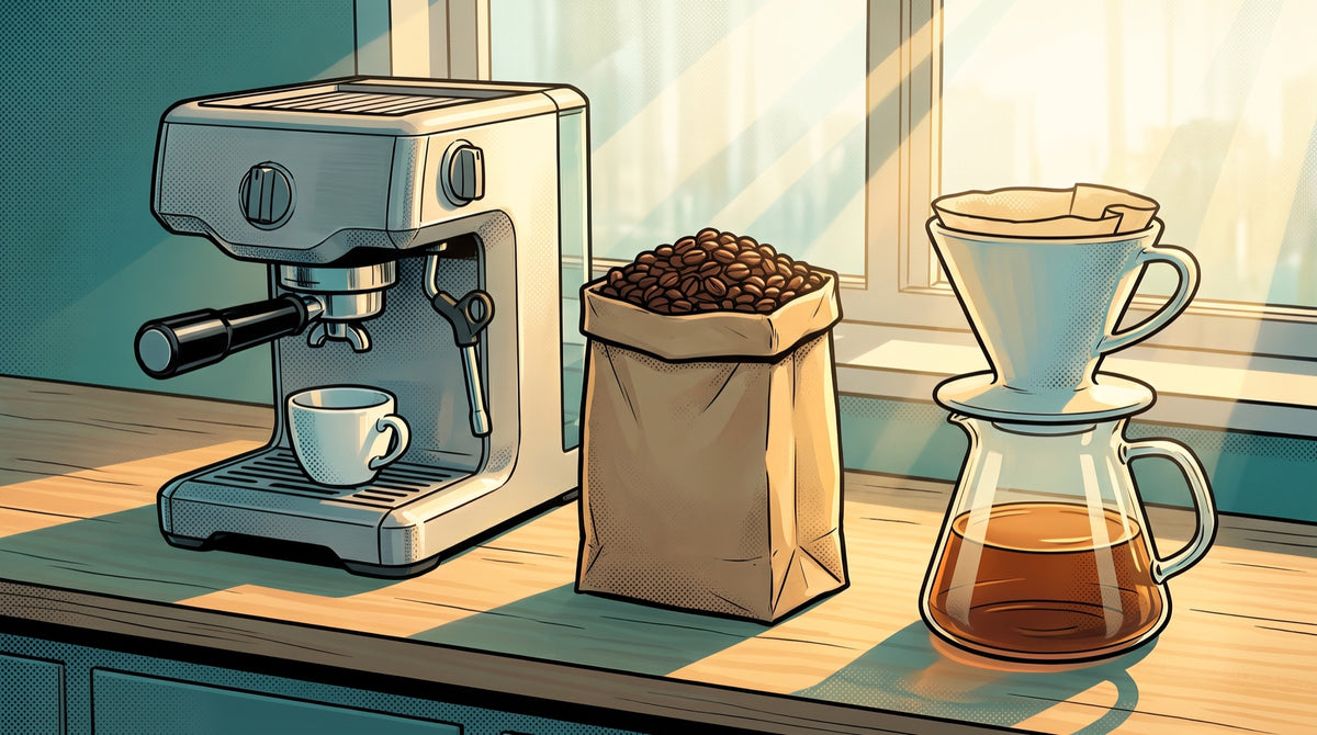 Home espresso machine and a pour over cone on a sunlit kitchen bench, one open bag of beans between them