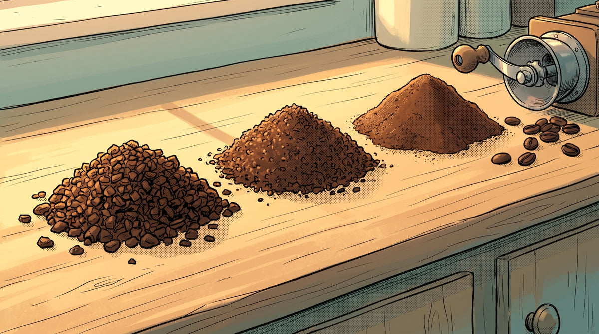 Three mounds of ground coffee on a sunlit bench, coarse, medium and fine, beside a hand grinder