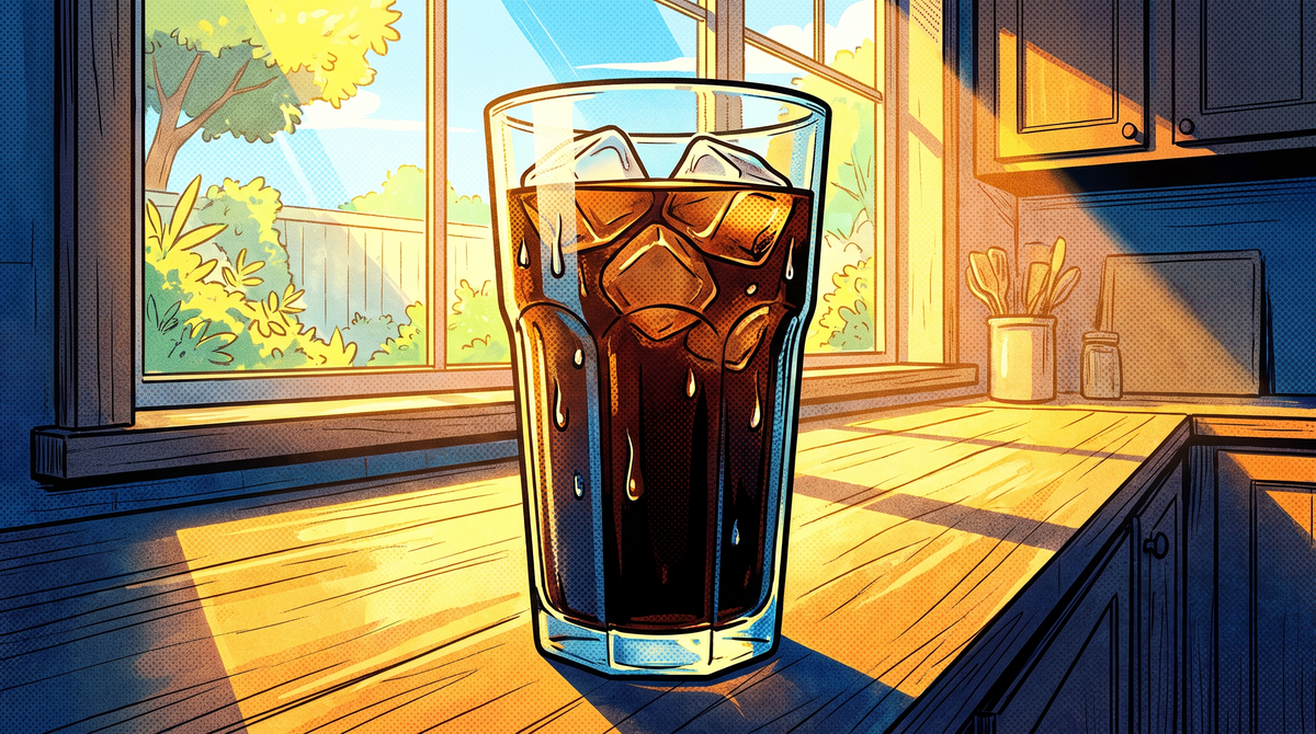 Tall glass of iced coffee on a sunlit kitchen bench