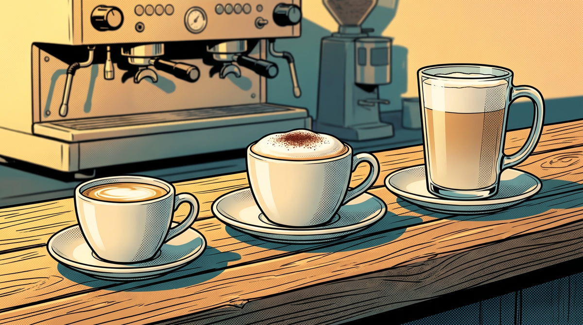 Flat white, cappuccino and latte in a row on a timber cafe bench, espresso machine and grinder behind them