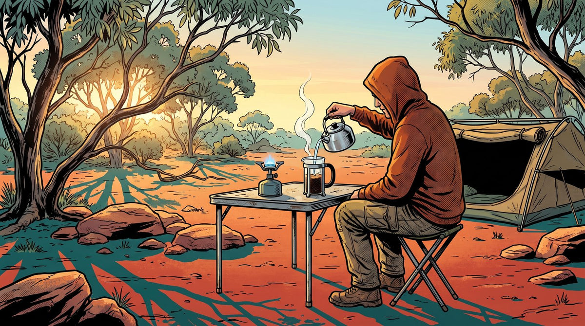 Person in a hoodie at a bush campsite at sunrise pouring hot water from a camp kettle into a plunger
