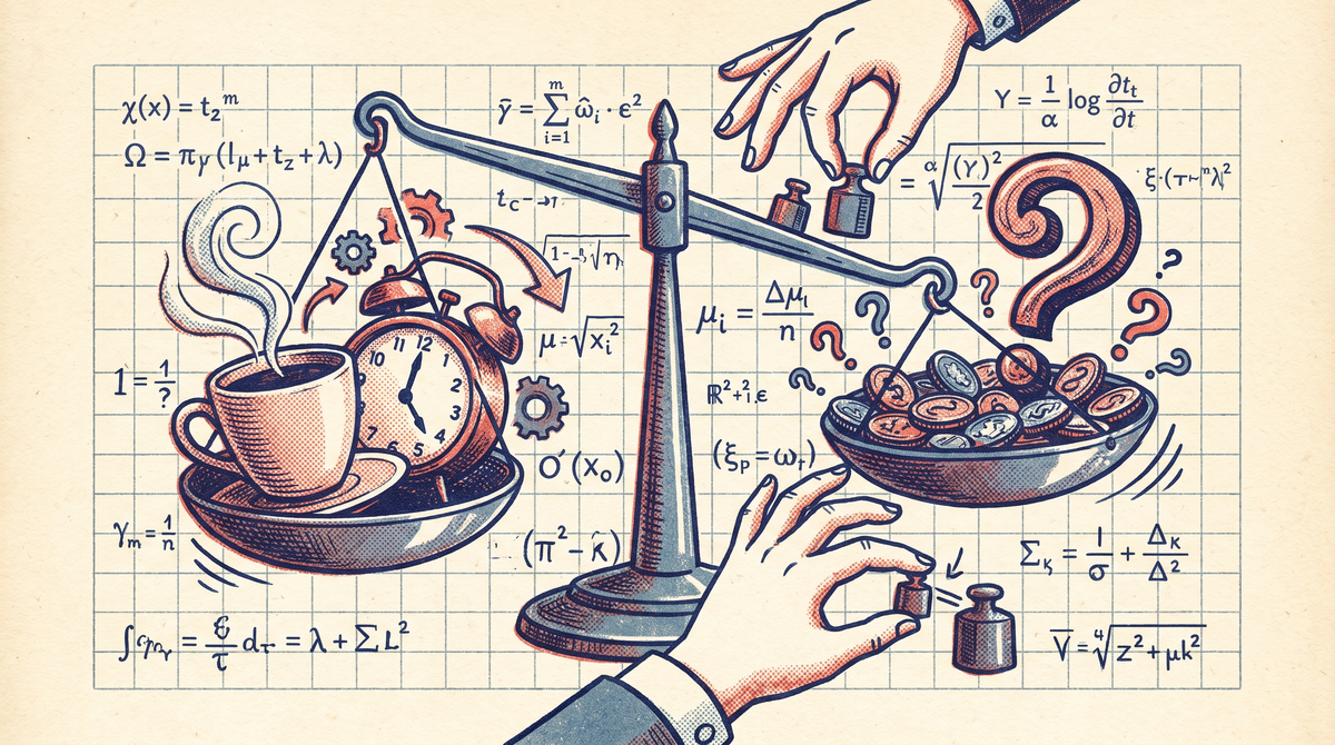 A balance scale weighing a coffee and clock against a plate of pastries and question marks over a field of equations