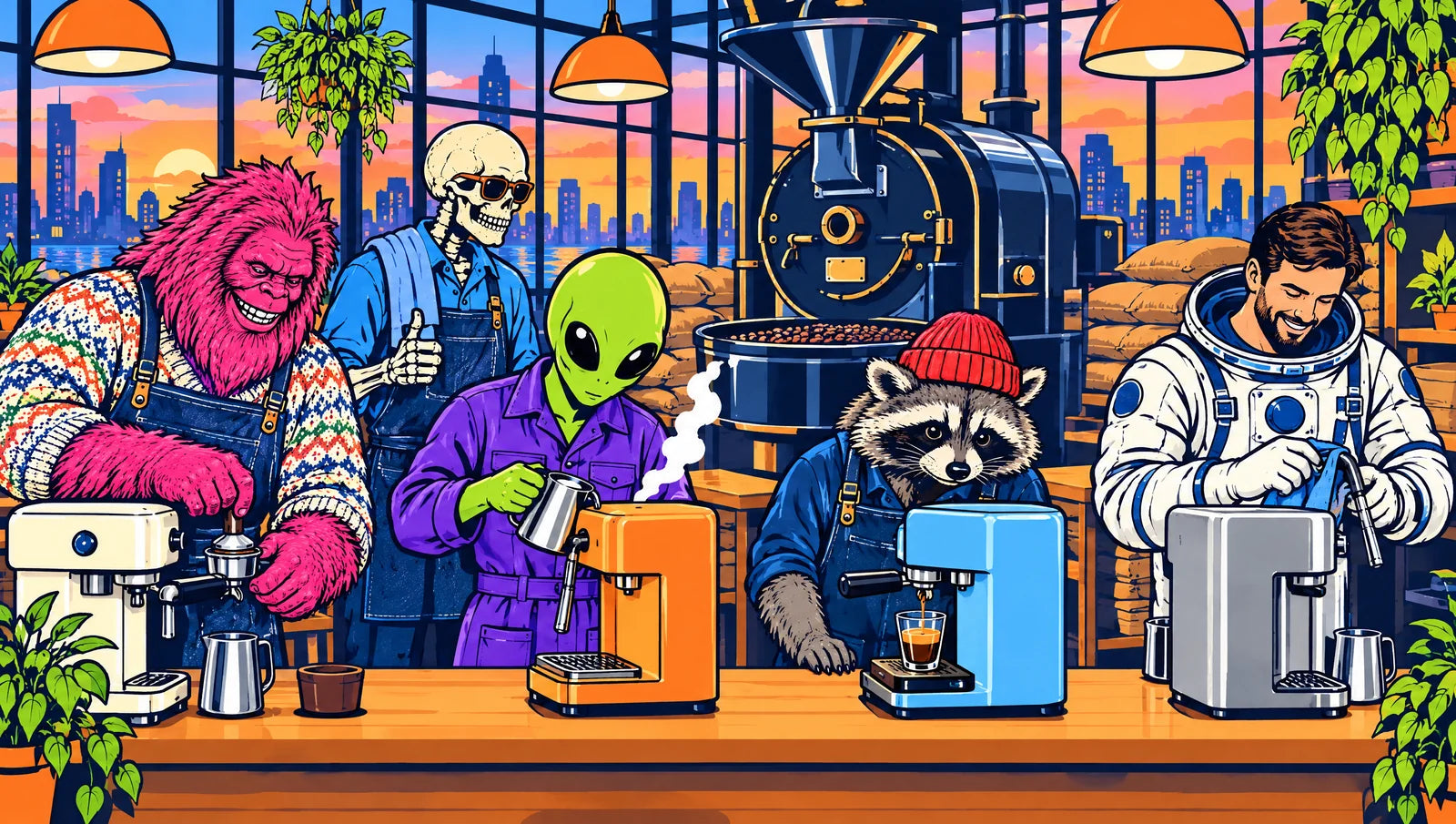 Illustration: four different home espresso machines along one bench at the roastery, with the pink bigfoot tamping, the alien steaming milk, a raccoon watching a shot pour and an astronaut wiping a steam wand, while the skeleton barista gives a thumbs up behind them
