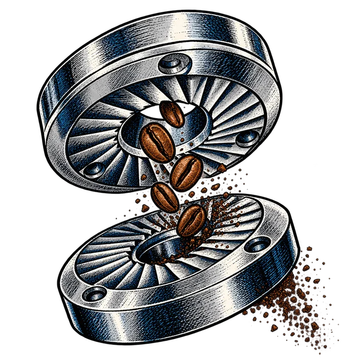 Illustration of a pair of flat grinder burrs, face to face