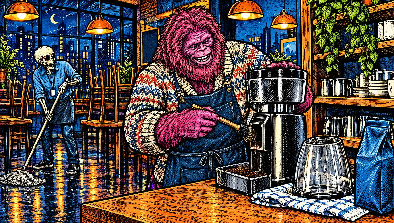 Illustration: our bigfoot barista brushing out a grinder at close, the hopper drying on a tea towel while the skeleton mops the floor