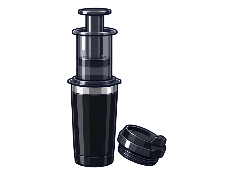 Illustration of the AeroPress Go Plus, a press sitting on its insulated steel tumbler