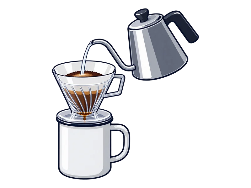 Illustration of a Hario V60 plastic pour-over dripper on a camp mug with a kettle pouring