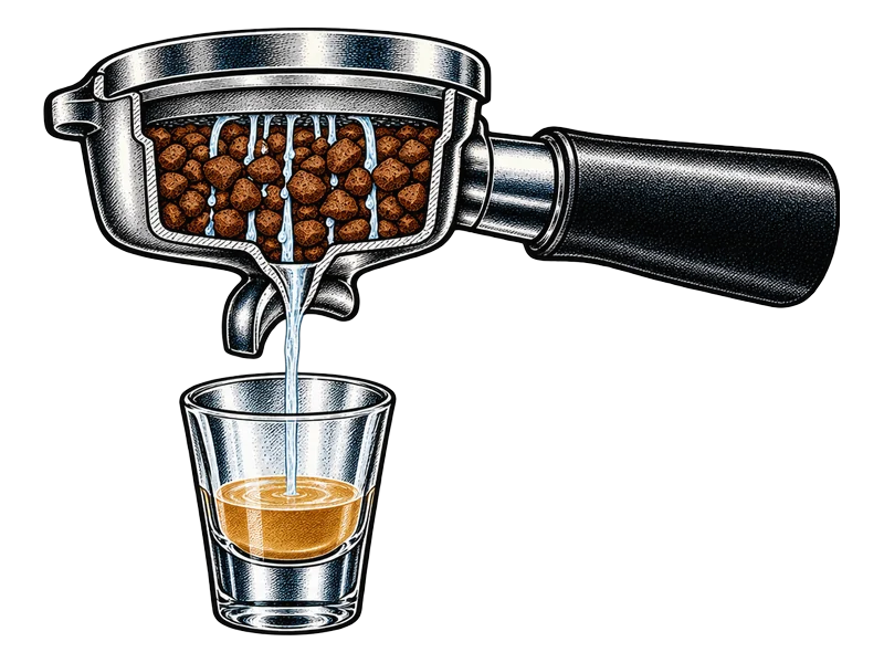 Illustration: coarse grounds like pebbles in a cut-away portafilter, water gushing straight through into a thin, pale shot