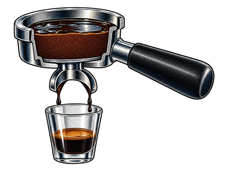 Illustration: grounds as fine as sand in a cut-away portafilter, water pooled on top and only a few dark drips getting through