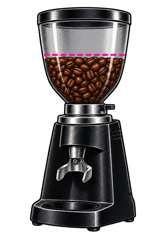 Illustration: a grinder hopper filled to a pink line halfway up