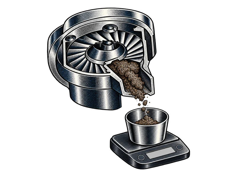 Illustration: a cut-away grinder chute with old ground coffee stuck inside, falling into a cup on a scale