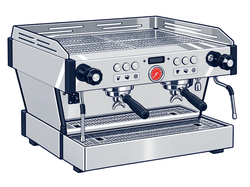 Illustration of the La Marzocco Linea PB two group espresso machine in brushed steel