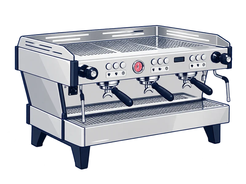 Illustration of the La Marzocco Linea PB three group espresso machine in brushed steel