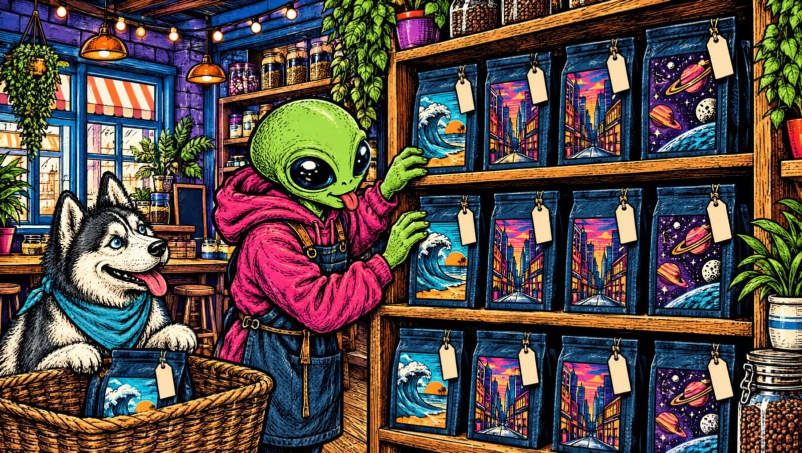 Illustration: an alien in a pink hoodie lining up a shelf of three coffees, beach, city and space, while a husky eyes them from a basket