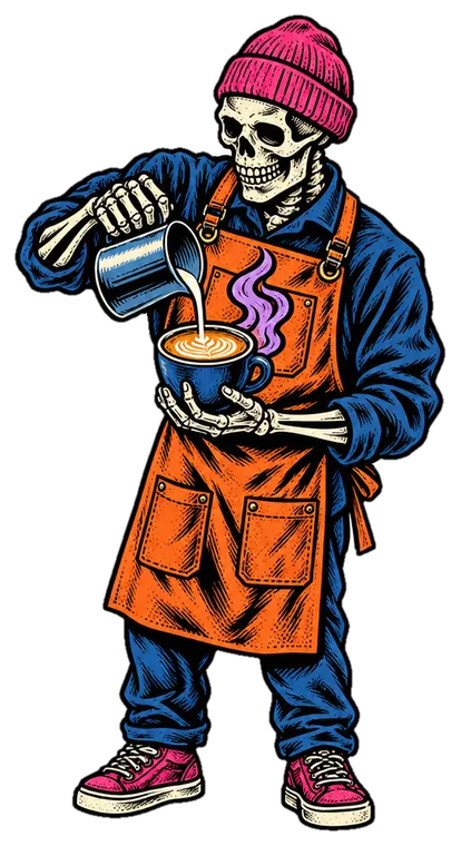 Our skeleton barista pouring a latte in a beanie and apron