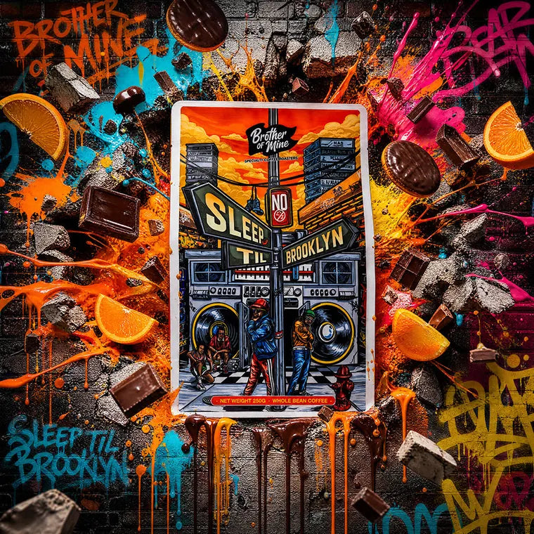 A No Sleep Till Brooklyn bag on a graffiti wall in a splash of paint, dark chocolate and orange