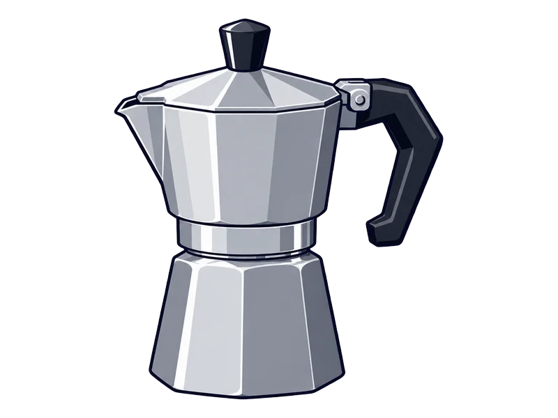 Illustration of the Bialetti Moka Express, an eight-sided aluminium stovetop pot