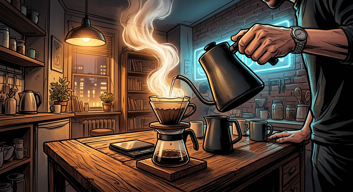 Person pouring from a gooseneck kettle over a pour-over dripper