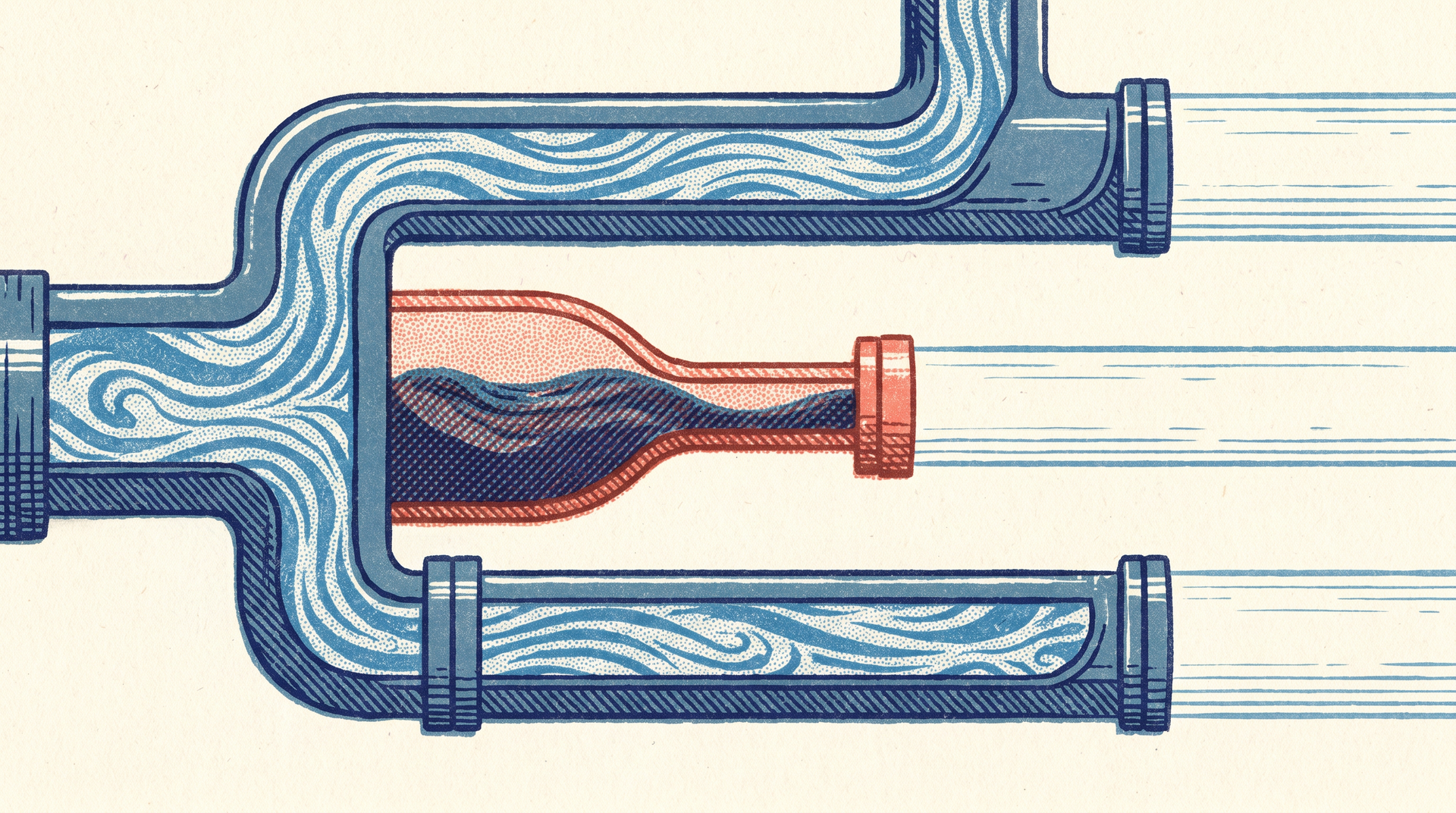 A cross-section of pipes carrying water that backs up and pools behind the single narrowest section