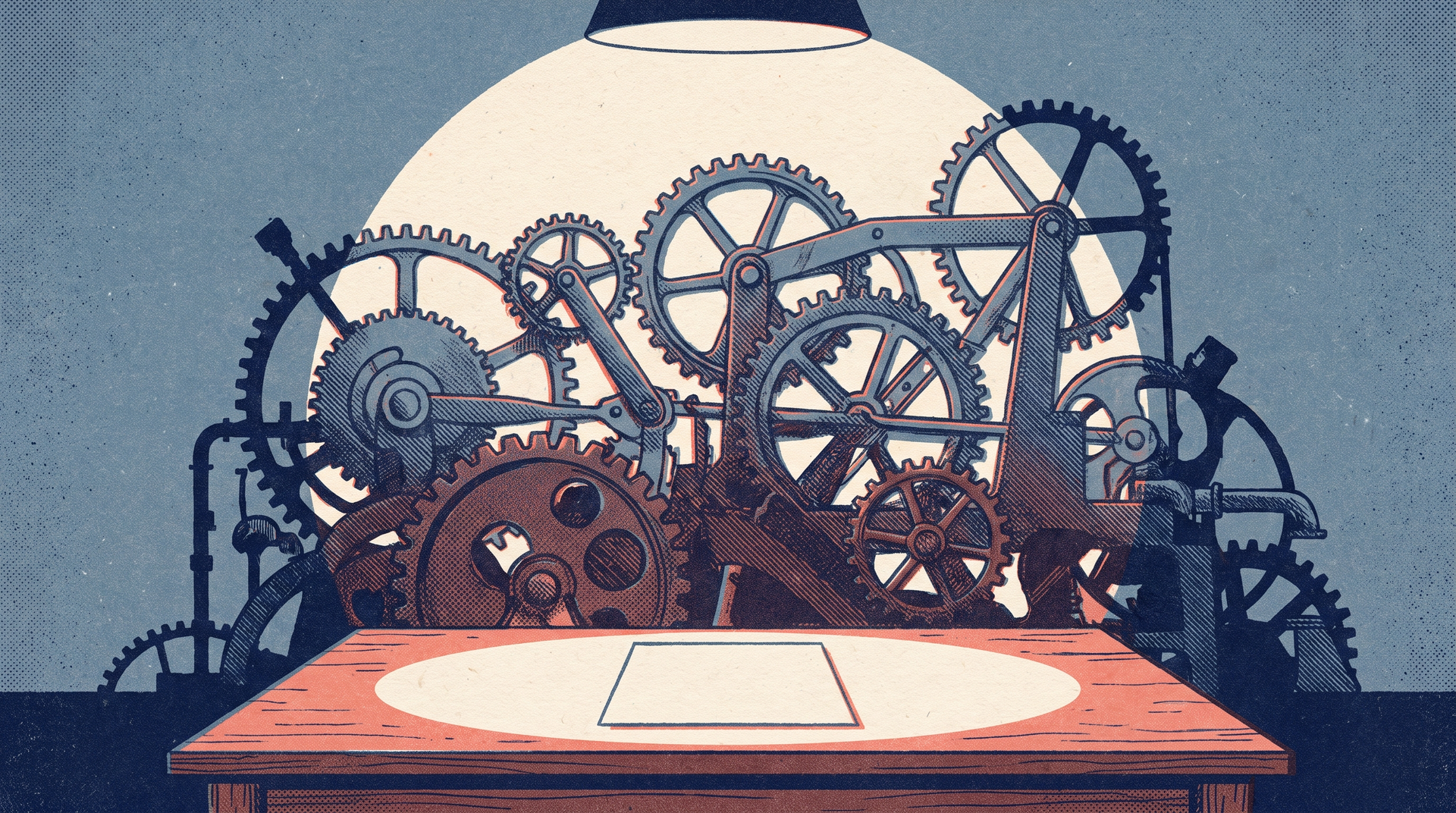 A single sheet of paper casting the shadow of a vast machine of gears and flywheels