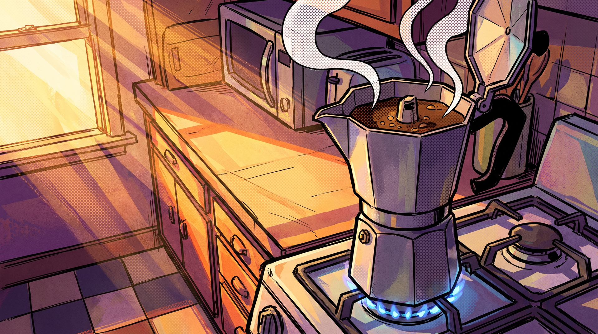 A moka pot on a gas flame with coffee bubbling up into the top chamber