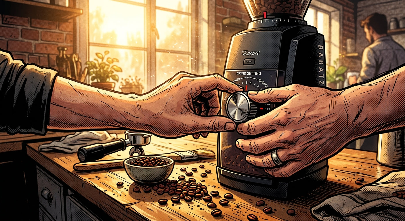 Hands adjusting a coffee grinder dial on a kitchen bench