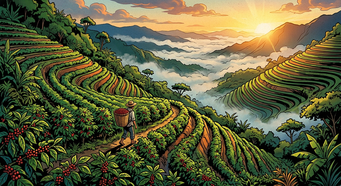 Coffee farm terraces on a misty mountainside at sunrise