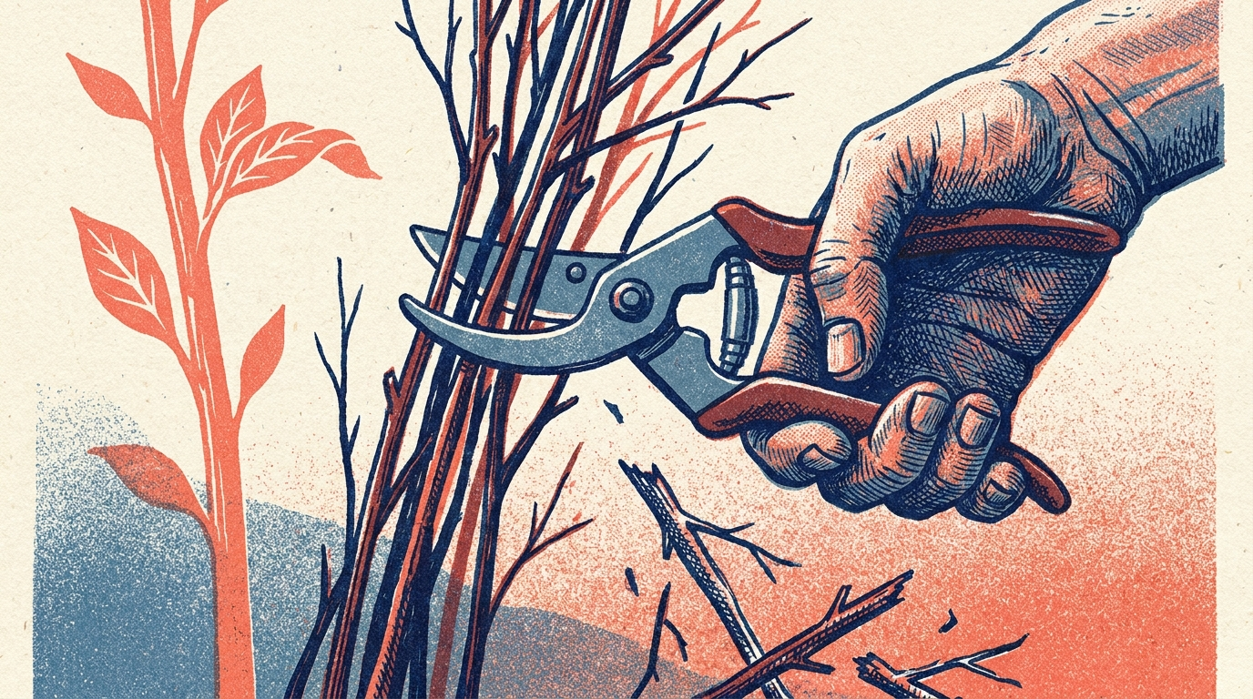 Illustration of bare hands using pruning shears to trim excess branches from a plant, leaving one strong stem
