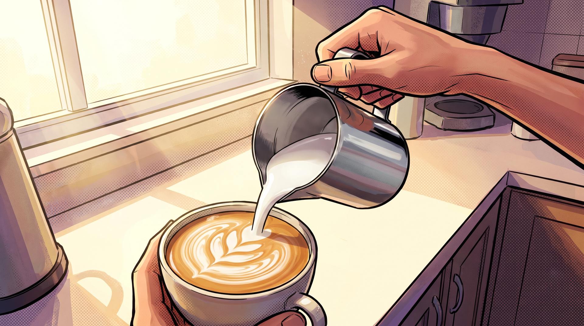 A steel milk jug pouring glossy microfoam into a cup, a rosetta forming on the surface