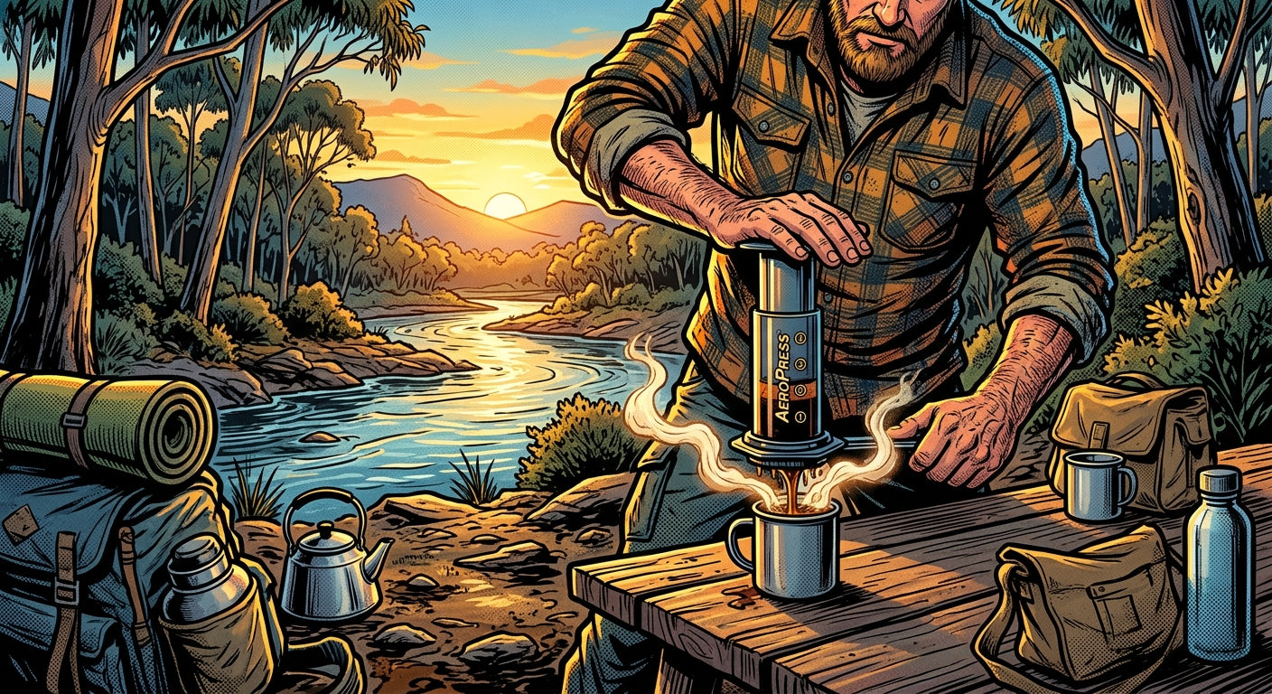 Person pressing an AeroPress at a camping table by a river