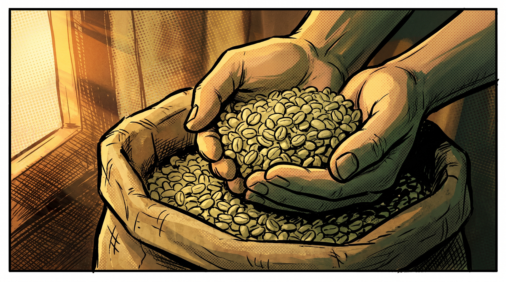 Two hands lifting pale green unroasted coffee beans out of an open hessian sack