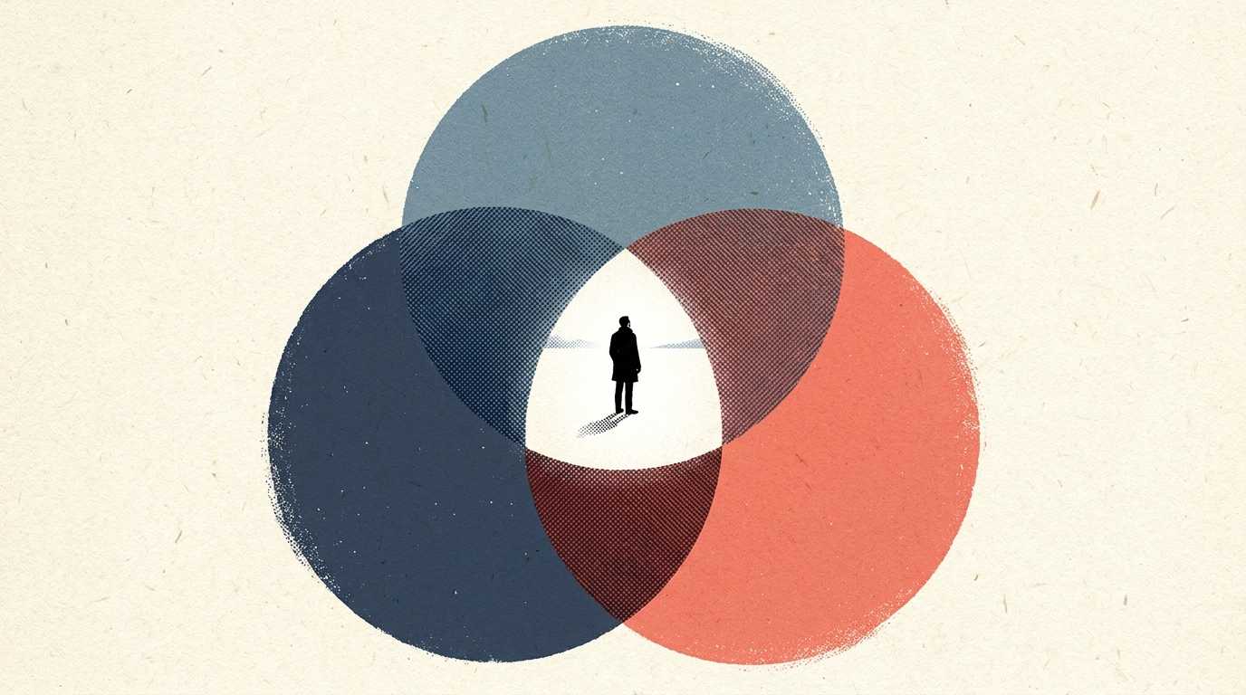 Three overlapping circles with a lone figure standing in the bright centre where all three meet