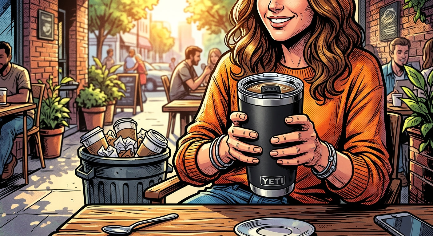 Person holding a Yeti tumbler at an outdoor cafe
