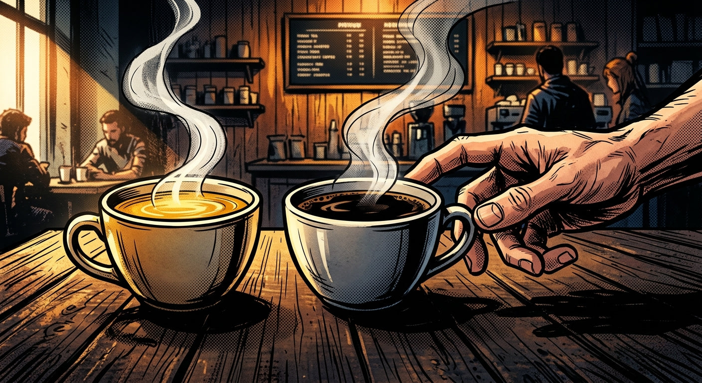 Two cups of coffee side by side showing light and dark roast