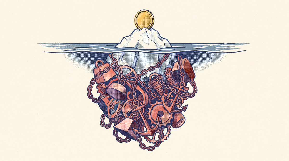 An iceberg with a single coin above the waterline and chained weights hidden below