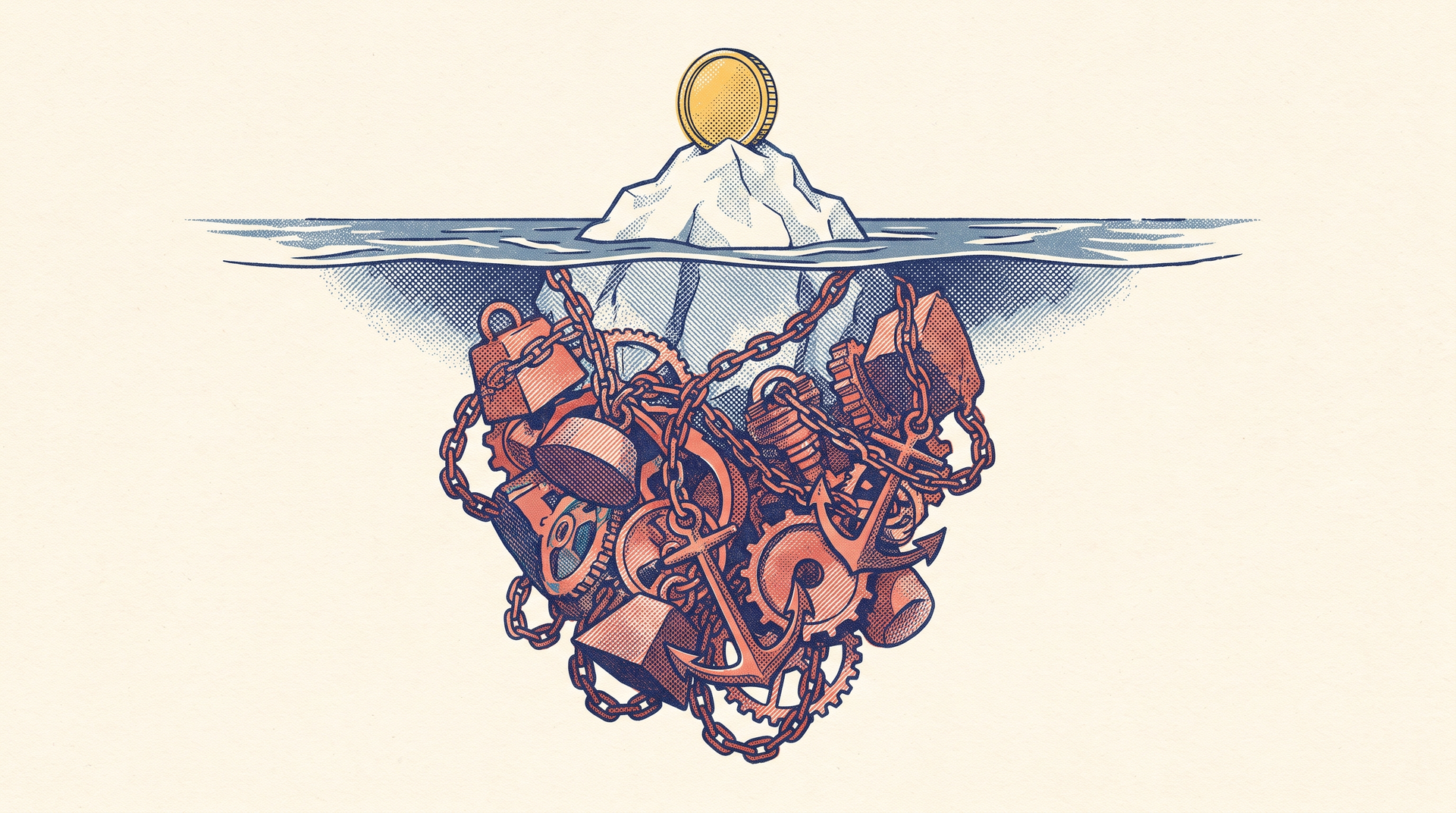 An iceberg with a single coin above the waterline and chained weights hidden below