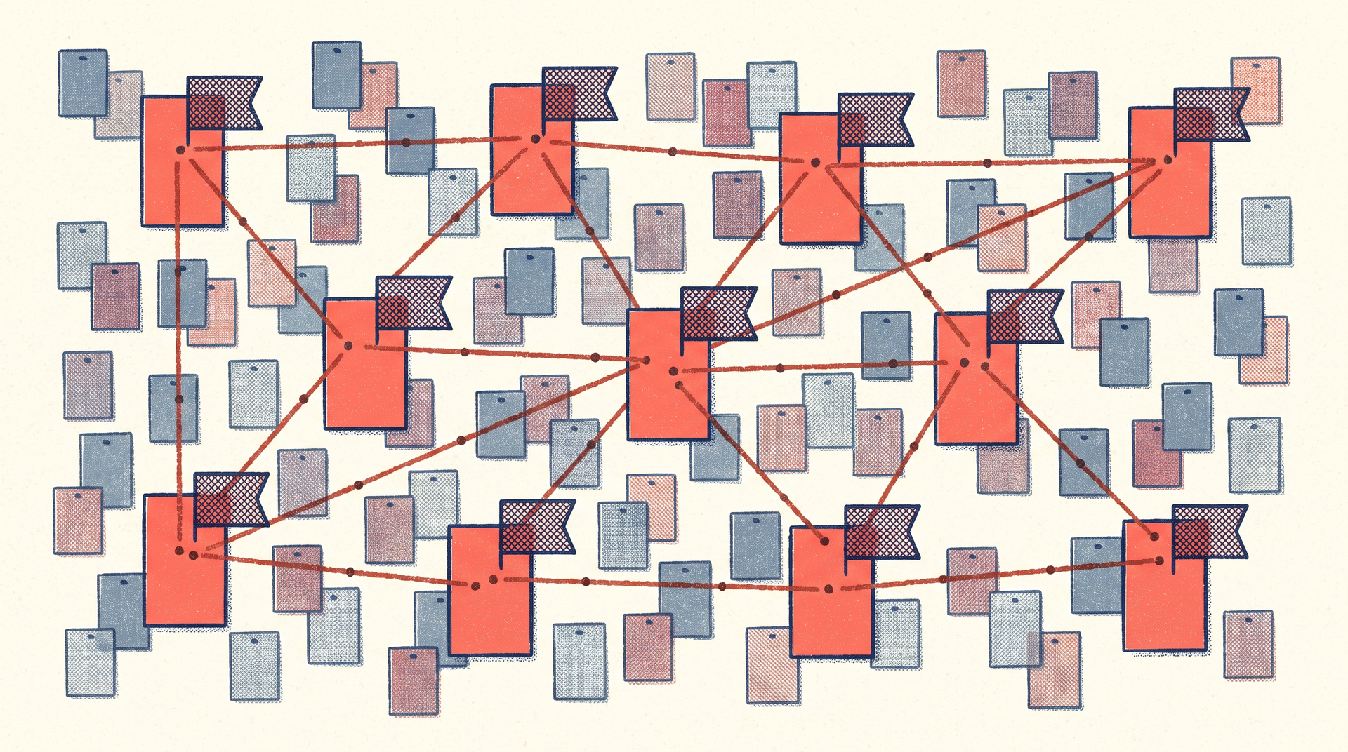 A pinboard of one hundred prospect cards with ten bold red cards joined by string
