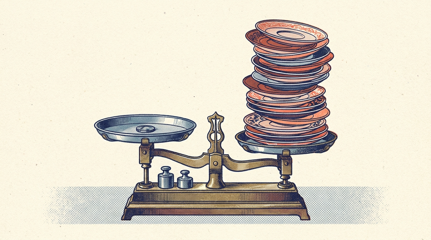 A brass balance scale with a single coin on one pan outweighed by a tall stack of saucers on the other