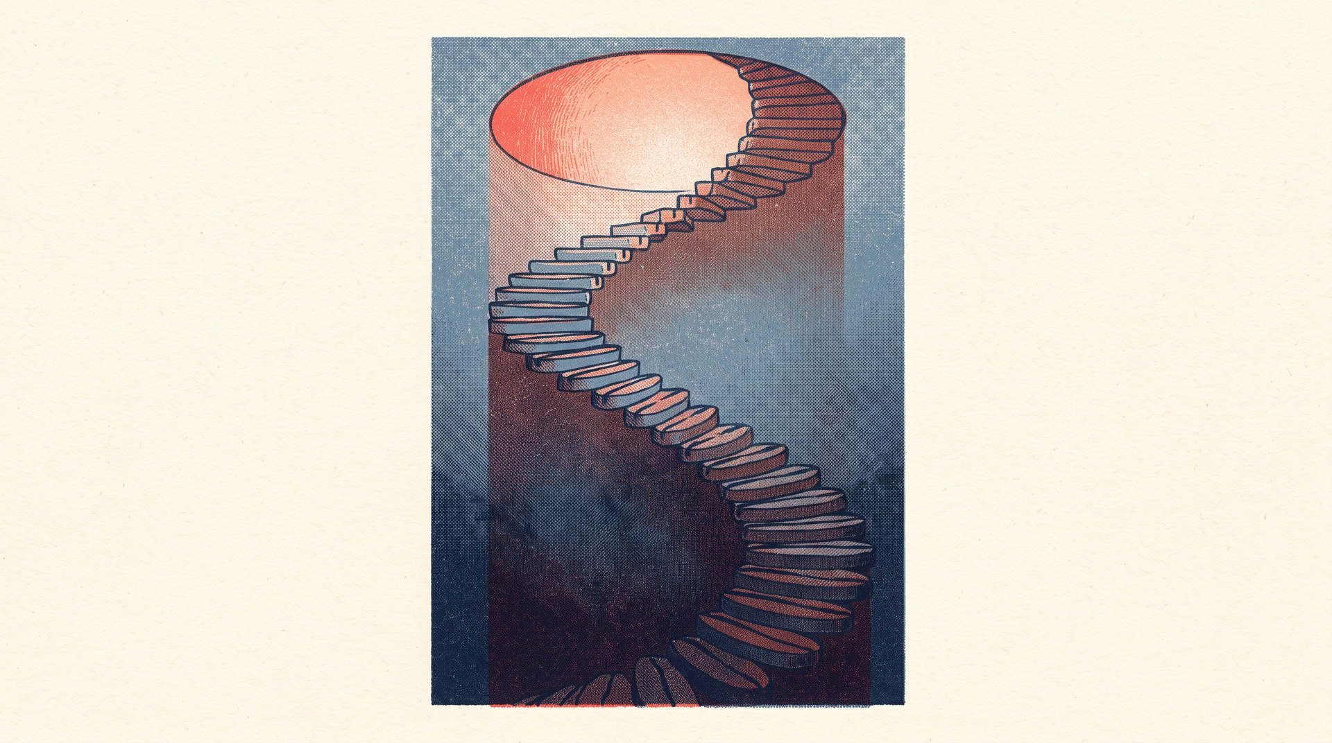 An ascending staircase built from stacked coffee beans climbing out of shadow toward a bright warm opening