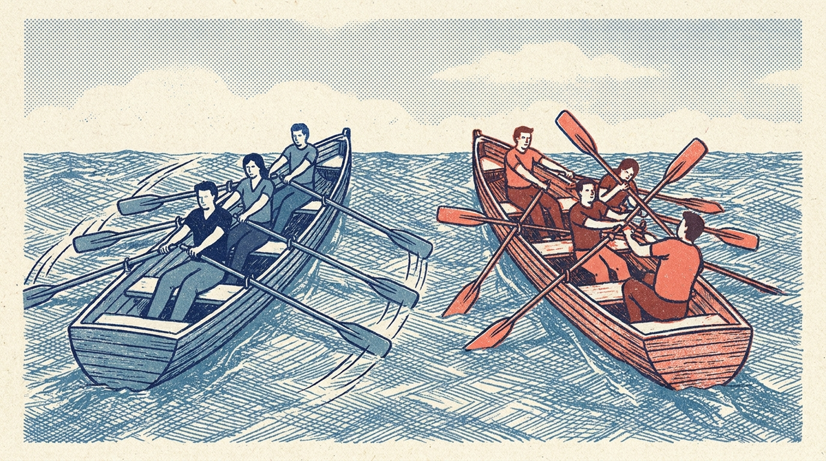 Two identical rowing boats, one crew pulling in unison and the other with oars clashing