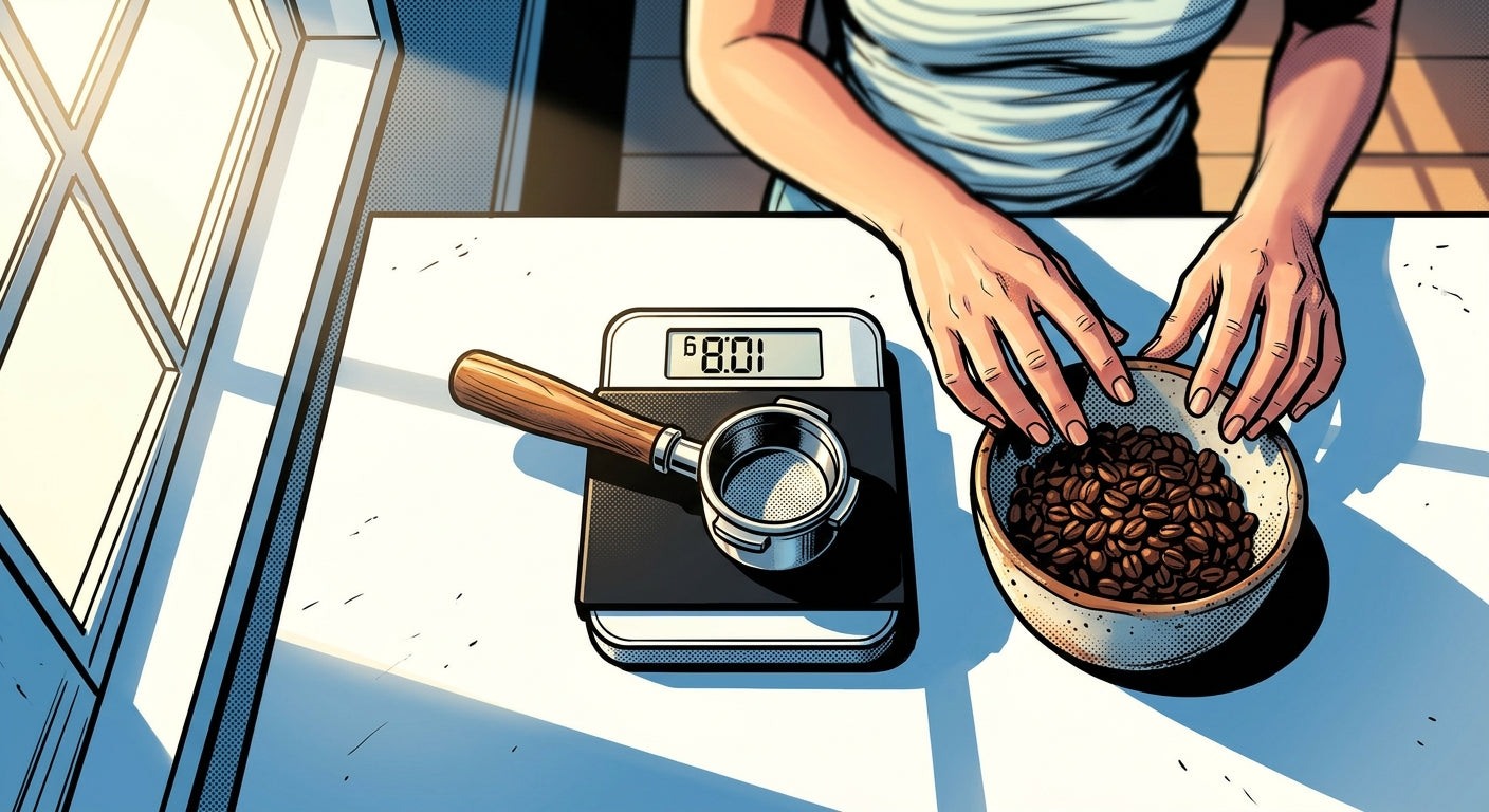 Overhead shot of a digital scale with portafilter and coffee beans