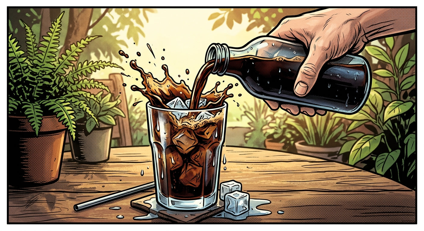 Cold brew coffee being poured over ice on a sunny patio
