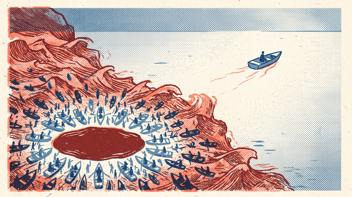 A crowded red sea of identical boats fighting over one patch of water while one lone boat slips into open blue ocean