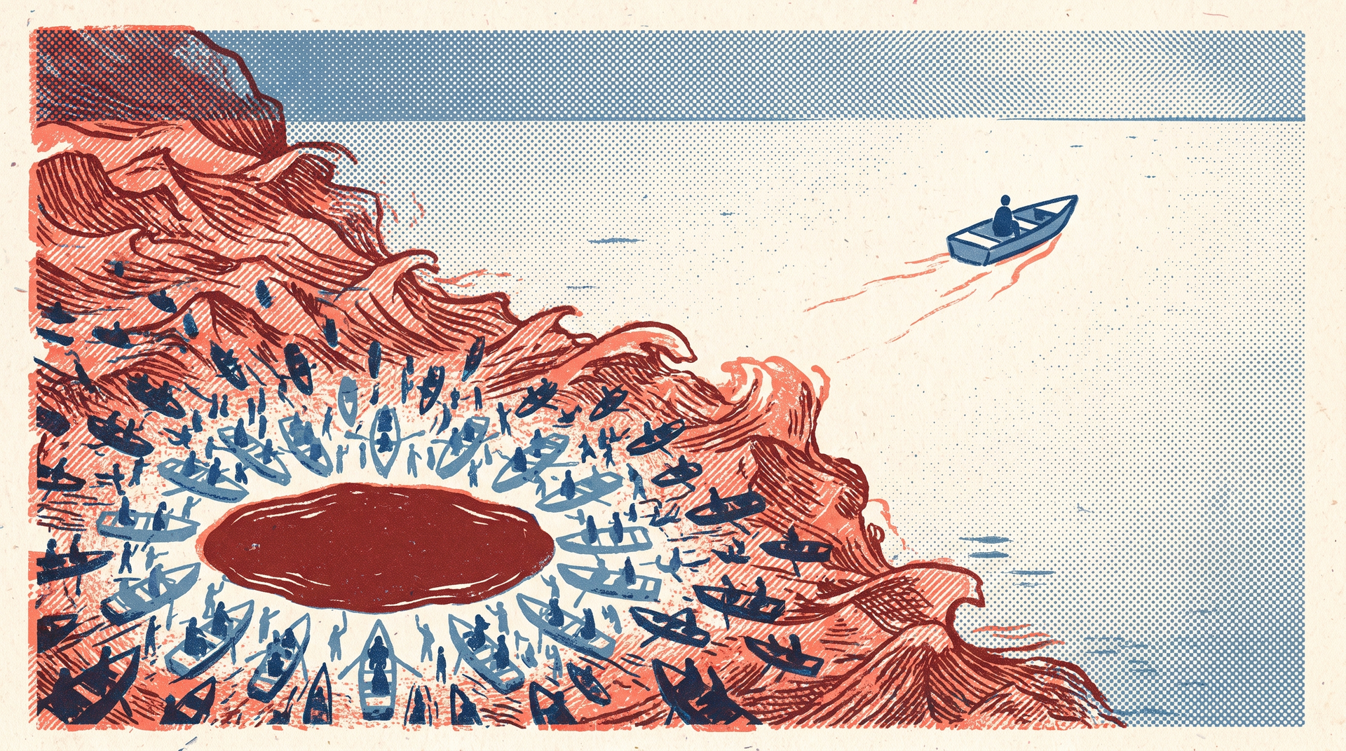 A crowded red sea of identical boats fighting over one patch of water while one lone boat slips into open blue ocean