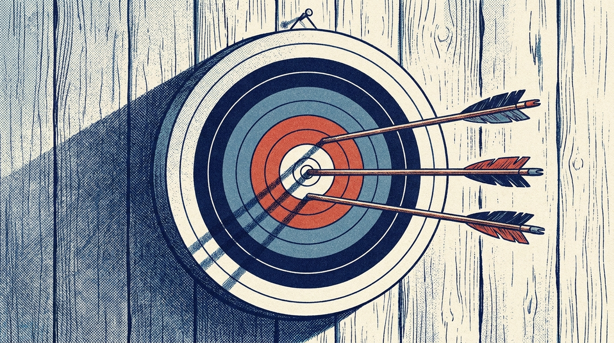 Archery target on a weathered timber barn wall with three arrows grouped around the centre rings